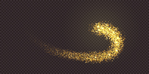 Swirl with glitter golden dust. Swoosh of magic light trail. Sparkling festive element of design. Abstract vector illustration with overlay effect and transparency