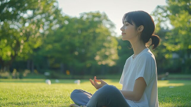 Person practicing deep breathing techniques in a park, focusing on calm and mental clarity through nature and fresh air with empty space for text