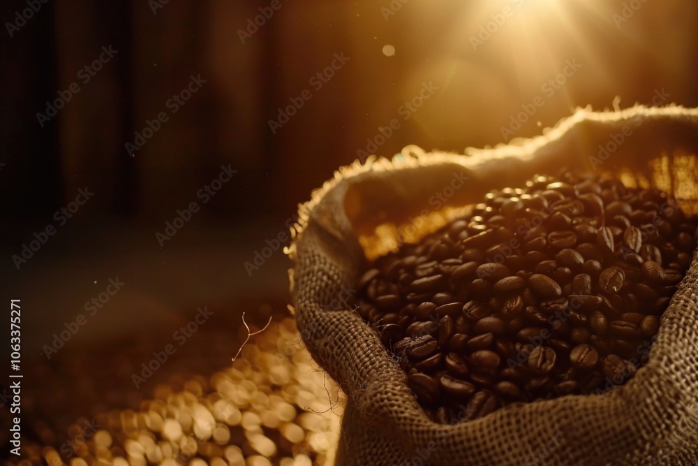 Poster a sack of coffee beans sitting on a table, perfect for everyday use or as a decorative item