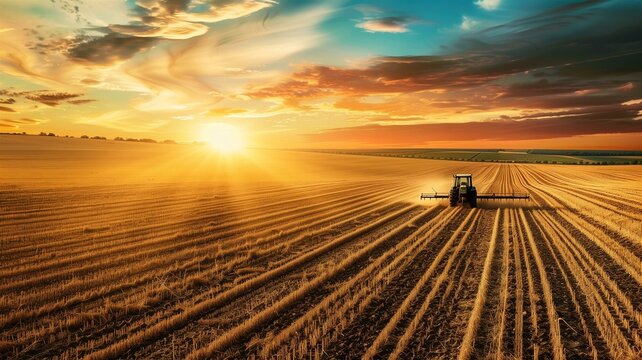 Golden fields at sunset with a hardworking farmer harvesting crops
