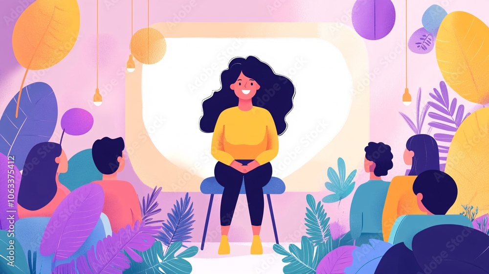 Poster counselor leading a mental health seminar, presenting techniques for emotional resilience in a warm 
