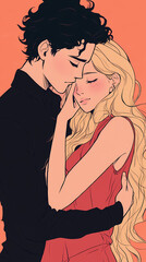 Romantic Hug in Anime Style: Kawaii Couple with Lofi Colors