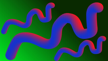Three wavy objects like snake with pink blue gradient on green gradient background