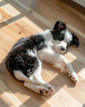 Adorable Puppy Lounging on Hardwood Floor