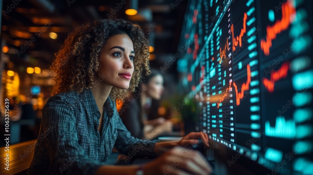 Poster a young woman focuses intently on stock market data displayed on multiple screens, working in a cont