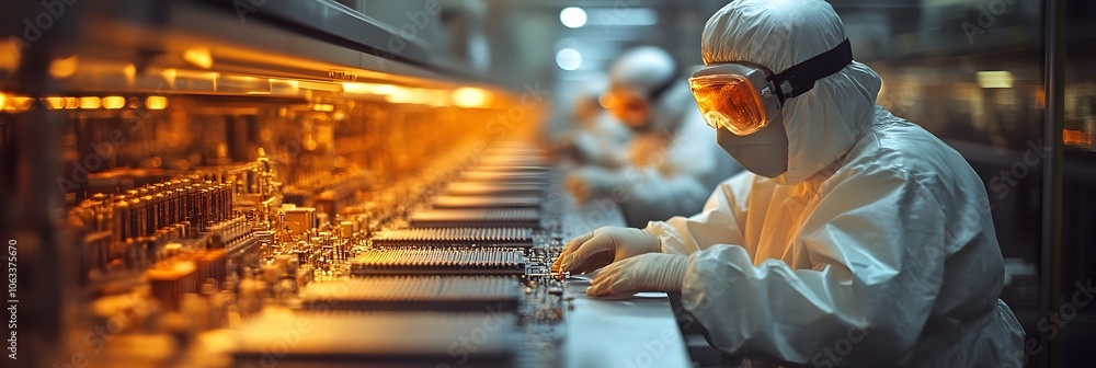 Poster technician in protective gear carefully assembling electronic circuit boards and microchips on produ