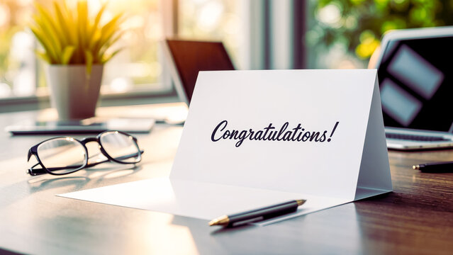 Congratulations Card on a Desk with Glasses and Plant