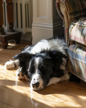 Border Collie Resting on Hardwood Floor