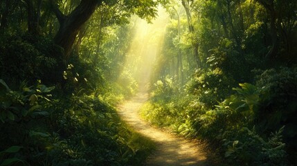 Fototapeta premium A winding trail through a dense forest, with sunlight breaking through the canopy.