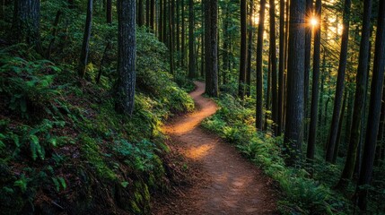 A winding trail through a dense forest, with sunlight breaking through the canopy.