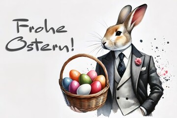 Eleganter Osterhase im Anzug mit einem Korb voller bunter Eier, ideal als stilvolle Grußkarte für Osterwünsche. Postkarte mit dem Text „Frohe Ostern!“   Generative KI