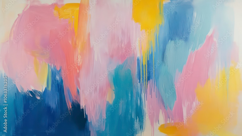 Poster abstract painting with soft pastel colors and bold brush strokes creating a vibrant composition.