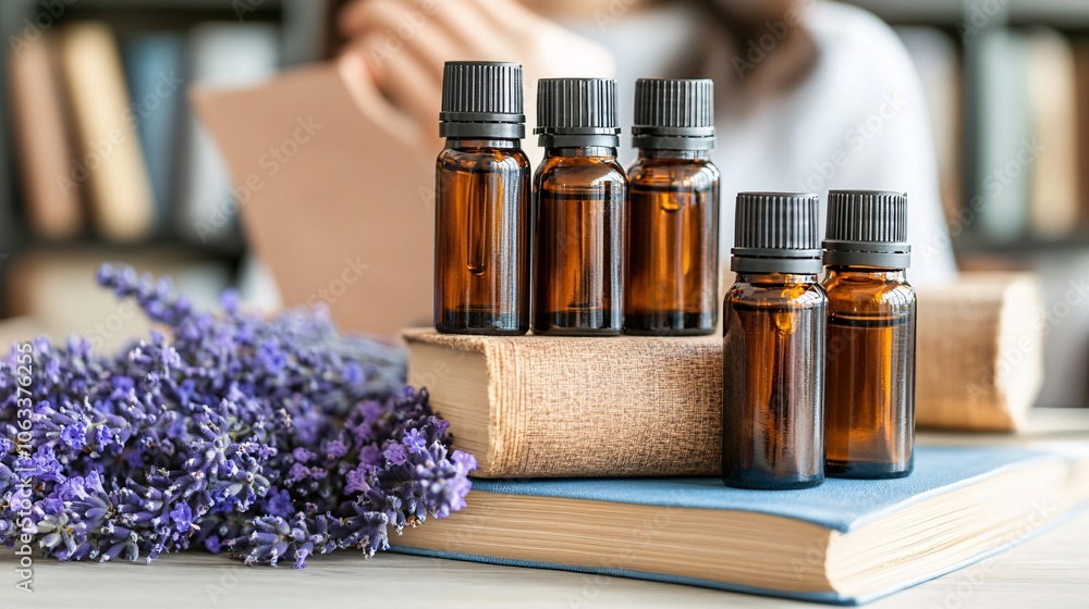 Poster Individual using a journal and aromatherapy in a self-care routine, focusing on personal well-being in a calming, natural setting with empty space for text