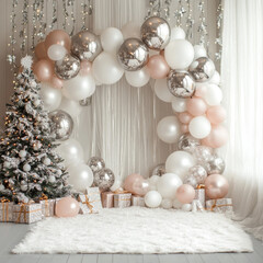 festive scene with decorated Christmas tree and balloon arch in soft pink, white, and silver tones, surrounded by wrapped gifts on fluffy white rug, creating joyful holiday atmosphere