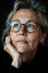 Portrait d'une femme portant des lunettes, expression pensive et regard intense.