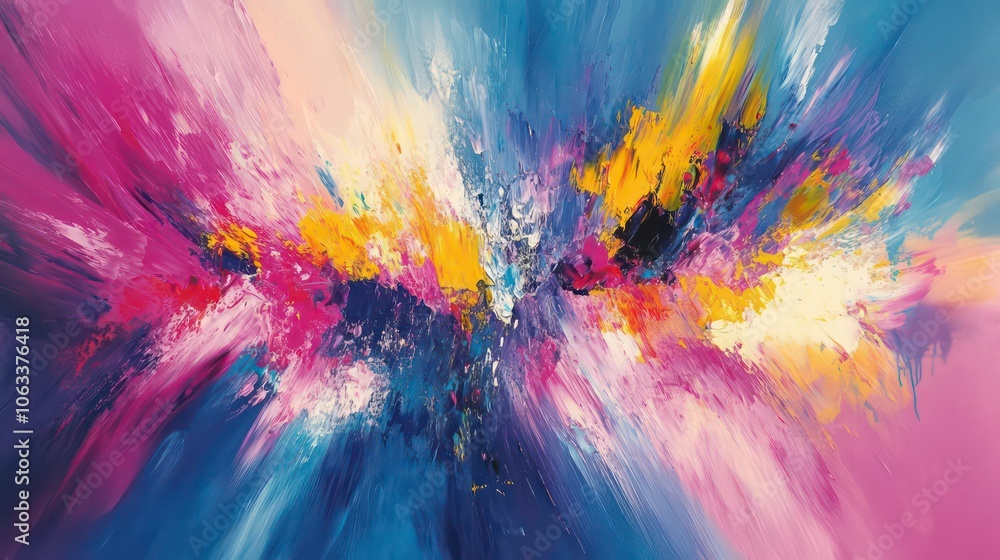 Poster an abstract explosion of colors blending harmoniously, evoking emotion and creativity.