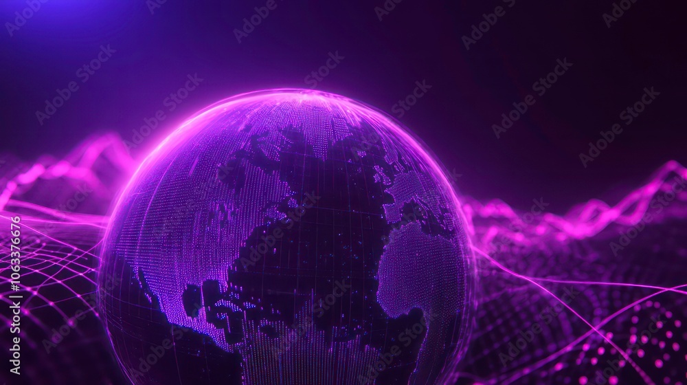 Poster A digital representation of Earth surrounded by abstract purple waves and grid patterns.
