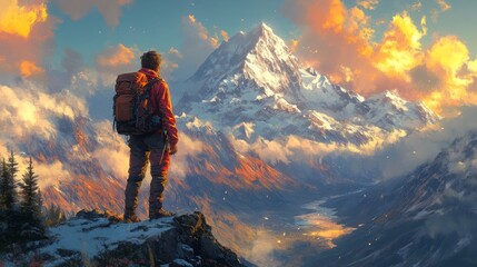 Hiker Contemplates Majestic Mountain Range at Sunset