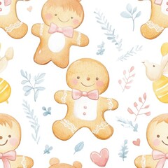 A playful pattern featuring adorable gingerbread figures adorned with bows, surrounded by soft pastel leaves and hearts, perfect for festive designs.