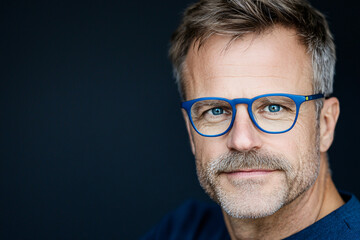 Obraz premium an intellectual-looking male subject, signature blue glasses, well-maintained mustache, professional optics advertise