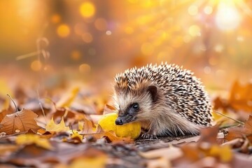 A hedgehog munching on a fruit in leafy surroundings