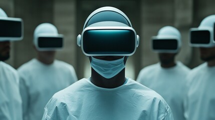 Doctor in virtual reality headset performing simulated surgery, highlighting VR's role in medical training with empty space for text