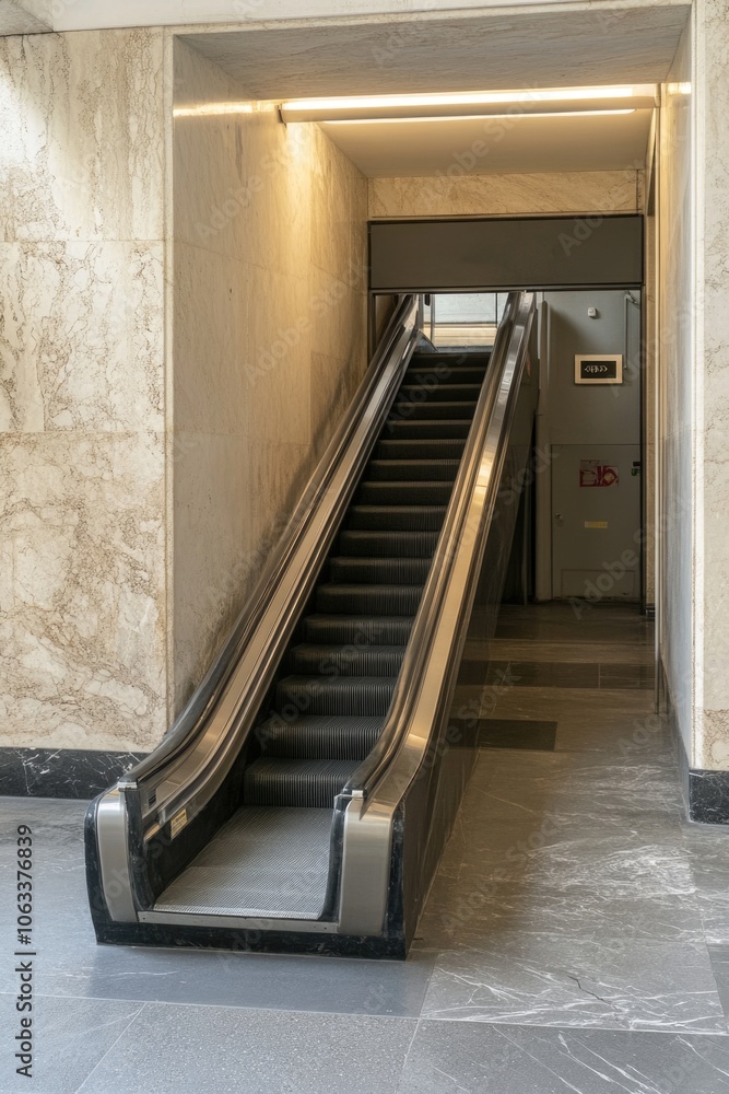 Poster an escalator in a modern building with a door open, great for travel and architecture photos