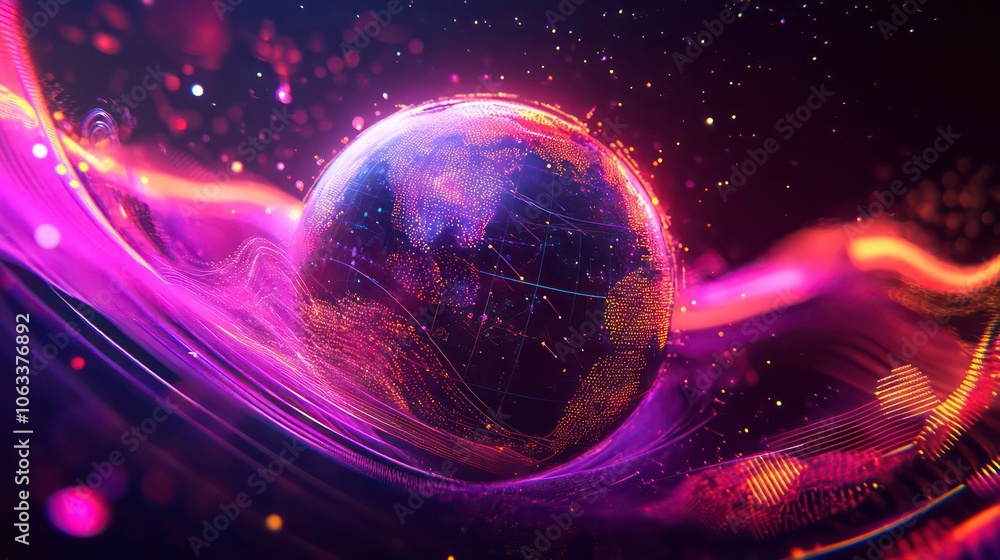 Aufkleber this is a 4k video with sphere grid, animation globe, neon waves, abstract design, violet color and 