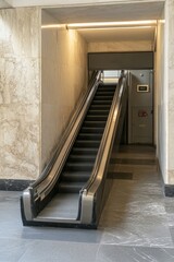 An escalator in a modern building with a door open, great for travel and architecture photos