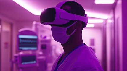 Doctor in virtual reality headset performing simulated surgery, highlighting VR's role in medical training with empty space for text