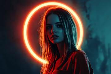 A beautiful woman standing with a neon halo, captured in a cinematic photography style


