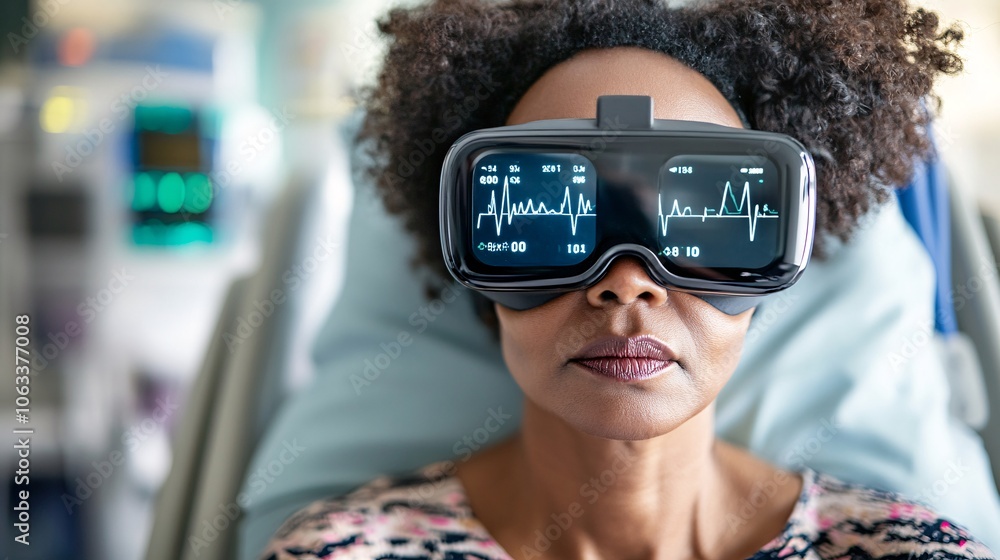 Poster Patient wearing a wearable health monitor, illustrating how technology tracks health metrics in real time with empty space for text