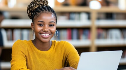 A smiling young woman with braided hair sits at a table in a library, engaged on her laptop, embodying focus and academic ambition.
