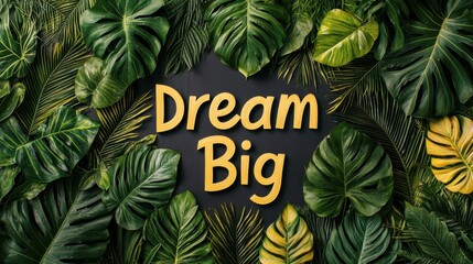Concept of a motivational quote for a positive mindset affirmation. A vibrant arrangement of green leaves with the uplifting message "Dream Big" prominently displayed in yellow text