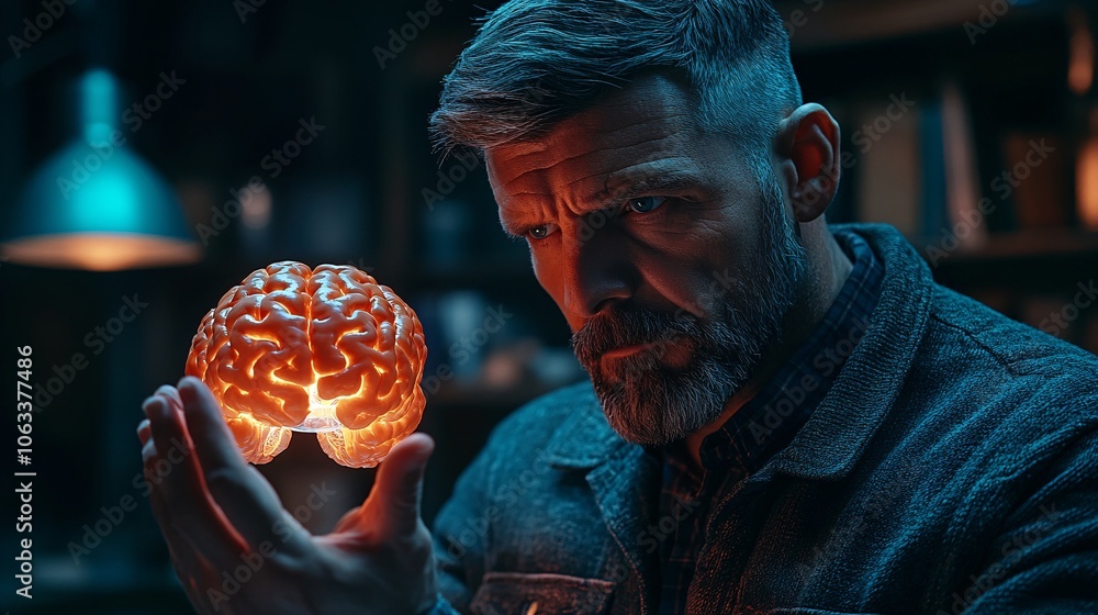 Poster Doctor holding a holographic brain model, using augmented reality to explain a diagnosis to a patient with empty space for text