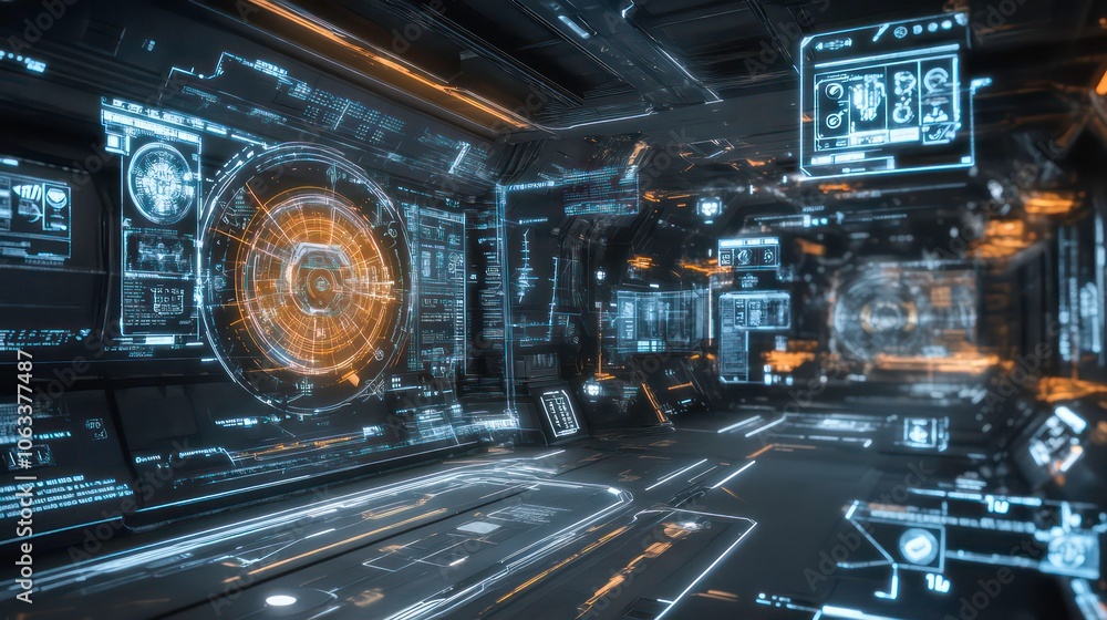 Poster Futuristic interface with holographic displays and data visualizations in a tech environment.