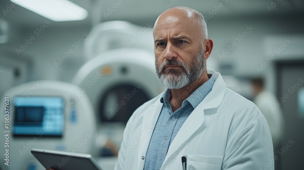 Aufkleber Medical professional conducting a remote examination using AI-powered equipment, highlighting efficiency and innovation with empty space for text