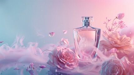 Luxurious and captivating image of a rose-scented pink perfume bottle with delicate floral accents
