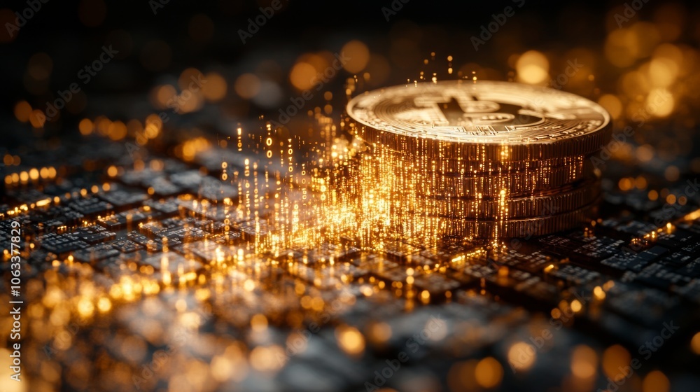 Poster Stacks of bitcoin are illuminated on a circuit board, surrounded by glowing binary code that signifies the digital financial landscape and cryptocurrency technology.