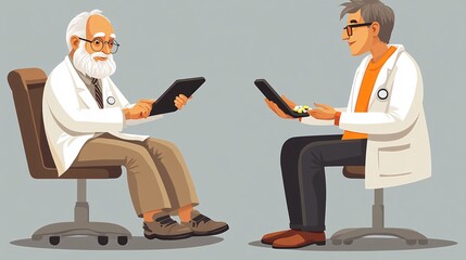 Elderly patient receiving remote care assistance through a tablet, with a caregiver guiding them on medication usage with empty space for text