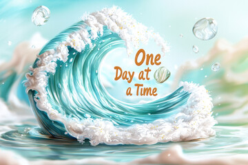 Concept of a motivational quote for a positive mindset affirmation. A vibrant wave encapsulates the phrase "One Day at a Time" symbolizing resilience and the beauty of living in the moment