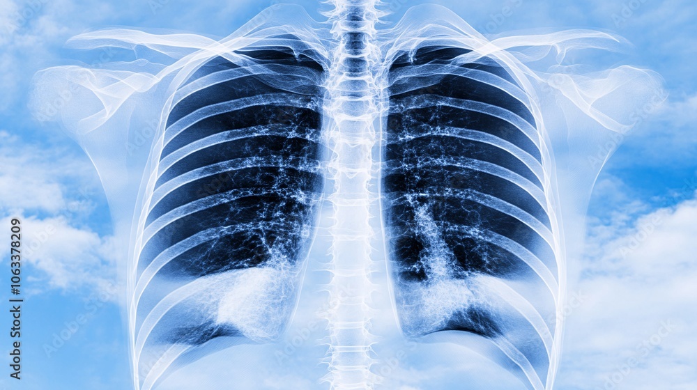Poster Healthcare provider using AI-based diagnostic tool to analyze patient X-rays, highlighting technology's role in enhancing accuracy with empty space for text