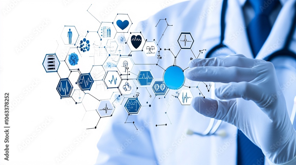 Poster Patient consulting with a doctor on a health platform, with icons displaying symptoms and health data for easier understanding with empty space for text