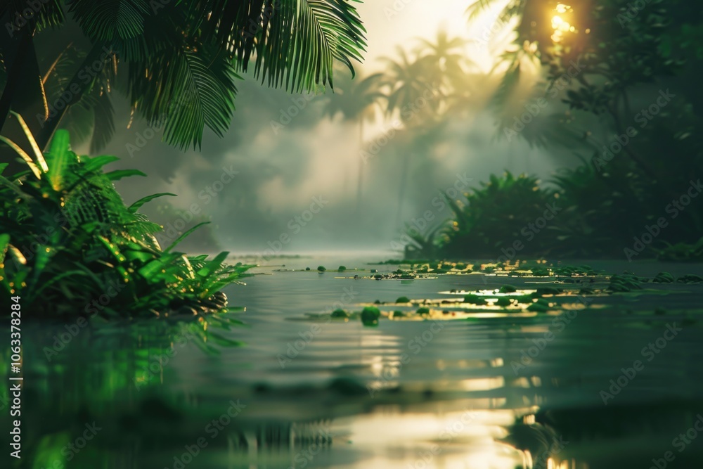 Poster a serene river runs through the heart of a dense and vibrant forest, surrounded by tall trees and lu