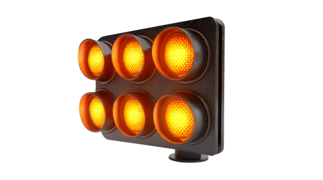 Vibrant traffic light signals with red,yellow,and green illuminated mounted on a black metal frame.
