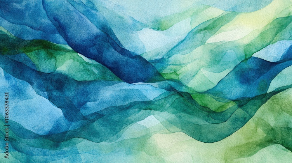 Poster abstract watercolor background in cool blues and greens, with smooth gradients and flowing patterns 