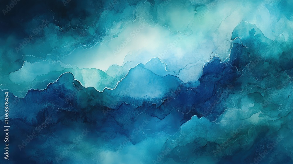 Poster abstract watercolor background in deep blues and greens, with flowing washes of color creating an oc