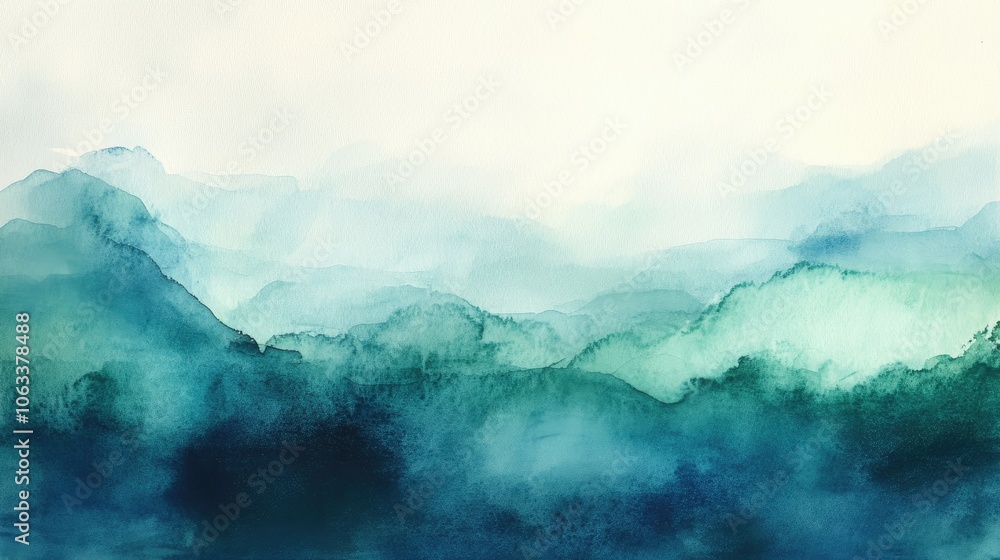 Poster abstract watercolor background in deep blues and greens, with flowing washes of color creating an oc