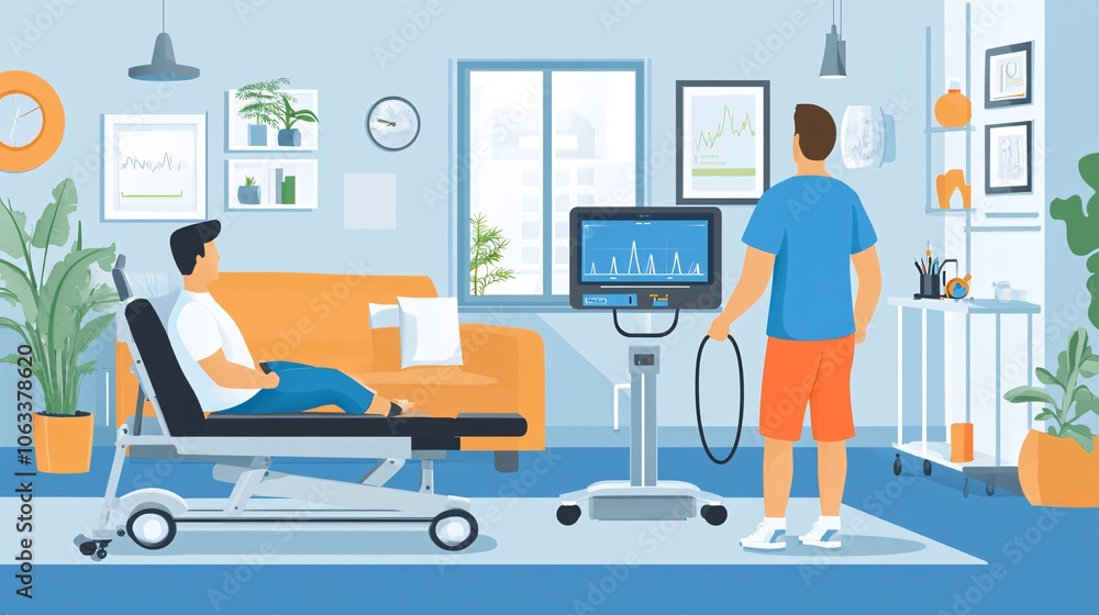Aufkleber doctor instructing a remote patient on physical therapy exercises through a video call, promoting te