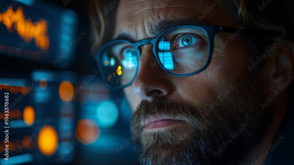 Aufkleber a focused individual wearing glasses intently studies complex digital information on multiple screen